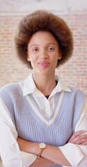 Poster - Vertical video portrait of happy biracial businesswoman smiling in office, slow motion