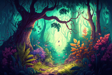 Sticker - a lovely enchanted woodland filled with fantastical plants and lush vegetation Illustration with digital painting as background. Generative AI