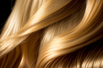 Blonde hair with reddish silky shine closeup. Generative AI.