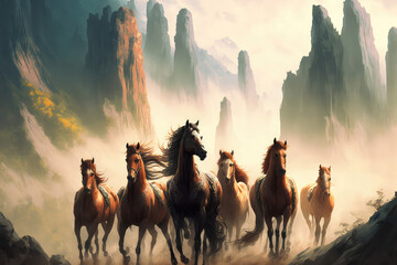 3d illustration six horse on Chinese hill background of successful unique wall paintings (ai generated)