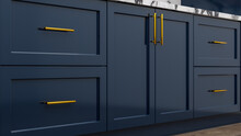 Navy Blue Kitchen Cabinet Doors And Golden Metal Kitchen Handles