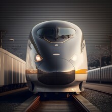 Japanese High Speed Bullet Train Arrival At Station On 
Railway Track , Front View, Generative Ai, Fastest Train, High Speed Train At Station In Evening, Shinkansen 