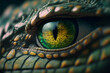 Close up of a green crocodile eye with vertical pupil. Generative AI