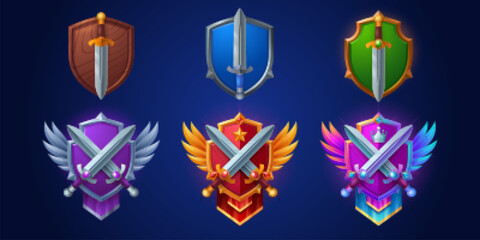 Poster - Game ranking badges with shields and swords. Achievement icons with knight or warrior arms, wooden, metal and gold shields with pennants and wings isolated on background, vector cartoon illustration