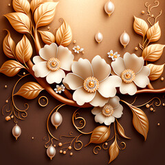 3d wallpaper white flowers with golden leaves and pearls on a golden brown background