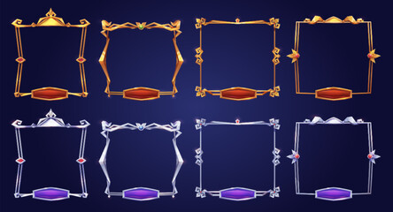 Poster - Empty square silver and gold rank frames in medieval style for game ui design. Vector cartoon set of user interface elements, metal thin border with gems and red, purple buttons isolated on background