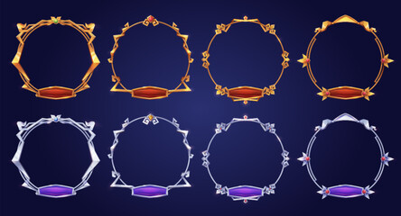 Poster - empty circle silver and gold rank frames in medieval style for game ui design. vector cartoon set of