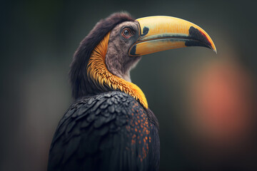 Wall Mural - Tropical bird with big yellow beak. Rainforest wildlife bird portrait. Close up view ornithology banner