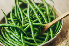 Fresh Healthy Green Green Beans In A Bowl On A Dark Table, Generative AI