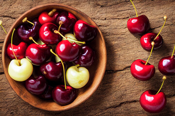 Wall Mural - fresh delicious healthy and ripe cherries lie on a wooden table, generative AI