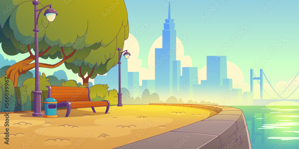 View Riverside Cartoon Summer cityscape with benches in park on river bank. Vector ...