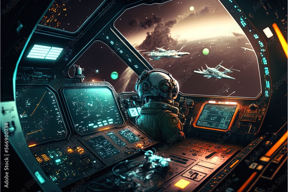 Futuristic navigation system, AR space, floating in the space, flat design, information graphic. Sci-fi space exploration concept. Inside view of the sci-fi cabin of the pilot Generative AI.