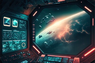 Futuristic navigation system, AR space, floating in the space, flat design, information graphic. Sci-fi space exploration concept. Inside view of the sci-fi cabin of the pilot Generative AI.