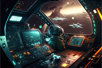 futuristic navigation system, ar space, floating in the space, flat design, information graphic. sci