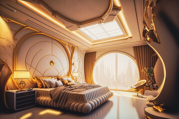 Wall Mural - A futuristic luxury bedroom with a large window, Generative AI