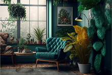 A Modern Unique Arrangement Of Living Room Furnishings, Urban Jungle Competition. Generative AI