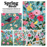 Fototapeta Młodzieżowe - Spring flowers and birds vector illustration set. Floral background for your design.