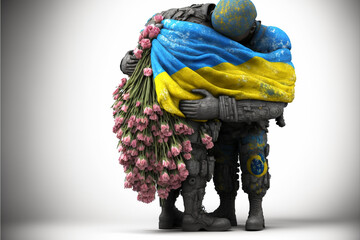 Wall Mural - unkaine war concept. hugs, flowers, ukraine flag, logo, Generative AI