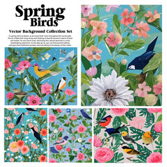 Wall Mural - Spring flowers and birds vector illustration set. Floral background for your design.