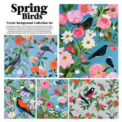 Wall Mural - Spring flowers and birds vector illustration set. Floral background for your design.