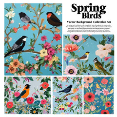 Wall Mural - Spring flowers and birds vector illustration set. Floral background for your design.