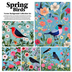 Wall Mural - Spring flowers and birds vector illustration set. Floral background for your design.