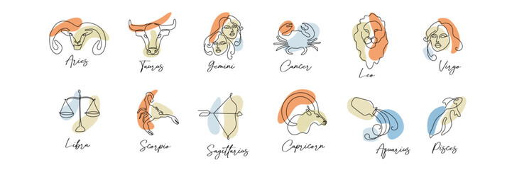 astrology symbol zodiac signs horoscope set in line art style boho color