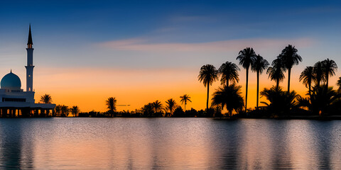 Wall Mural - An Islamic mosque with a dramatic sunset, surrounded by palm trees and a body of water