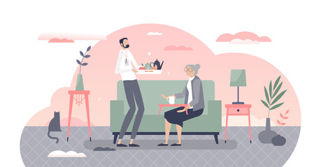 Sticker - Elderly home care with hired professional social worker for senior support tiny person concept, transparent background. Pensioner house with help and assistance service employee illustration.