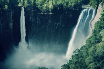 taughannock falls a silky smooth waterfall against a rock face cliff with splashing water at its base. Generative AI