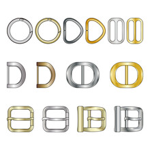 Metal Buckle Flat Sketch Vector Illustration Set, Different Types Of Metal Trims For Decorating And Tailoring Clothes, Shoes, Bags. 
Metal O-ring, D-ring, Buckles, And Belt Buckles.
Fashion Items.