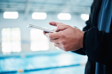 Canvas Print - Hands, man and phone for texting by swimming pool for communication, social media or contact on web. Aquatic sports athlete, smartphone and typing on screen with mobile app, website and internet chat