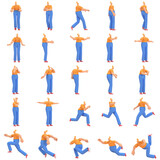 Fototapeta Zachód słońca - character woman orange shirt blue pants doing activities, 3d rendering