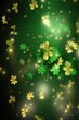 St. Patrick's Day abstract dark background decorated with green and golden shamrock leaves. Saint Patrick Day party celebrating. Vertical illustration. Generative AI