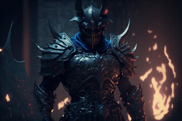 dark evil corrupt male knight with helmet and demonic weapon. generative AI