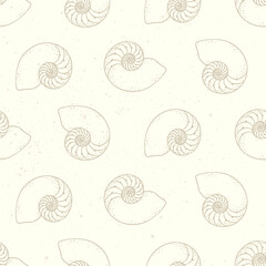 Wall Mural - Spiral seashells seamless pattern background vector illustration. Hand drawn aquatic marine life wallpapers