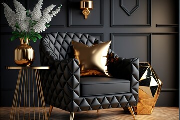 Modern living room interior design with black leather armchair and gold decoration 3d render 3d illustration, AI generated 