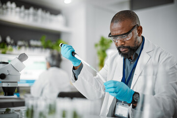 Canvas Print - man, thinking or pipette for test tubes in laboratory, medical science research or gmo food engineer