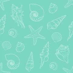 Wall Mural - Seashells and starfish seamless pattern background vector illustration. Cute aquatic marine life doodle wallpapers