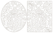 A Set Of Contour Illustrations In The Style Of Stained Glass With Giraffes On A Background Of Leaves, Dark Contours On A White Background