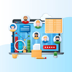 Poster - online survey banner. laptop with open diagram, graph, vote list pages on screen. people icons. busi