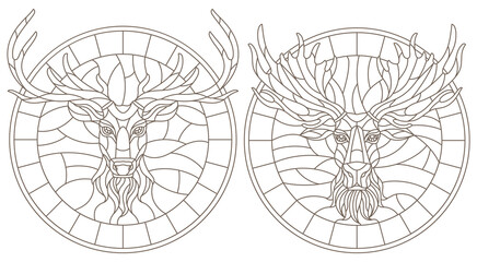 Wall Mural - A set of contour illustrations in the style of stained glass with deer and elk heads, dark contours isolated on a white background