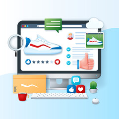 Poster - Product review banner. Monitor with product image and review on it on the screen. Business concept. Web vector illustration in 3D style