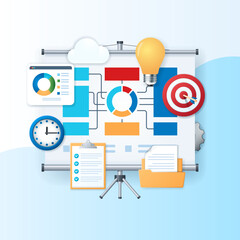 Poster - Project management concept. Projector screen with graphs and charts. Business concept. Web vector illustration in 3D style