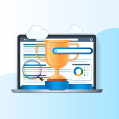 Poster - Search engine ranking banner. Trophy cup, magnifying glass, diagram and search bar icons on monitor screen. Business concept. Web vector illustration in 3D style