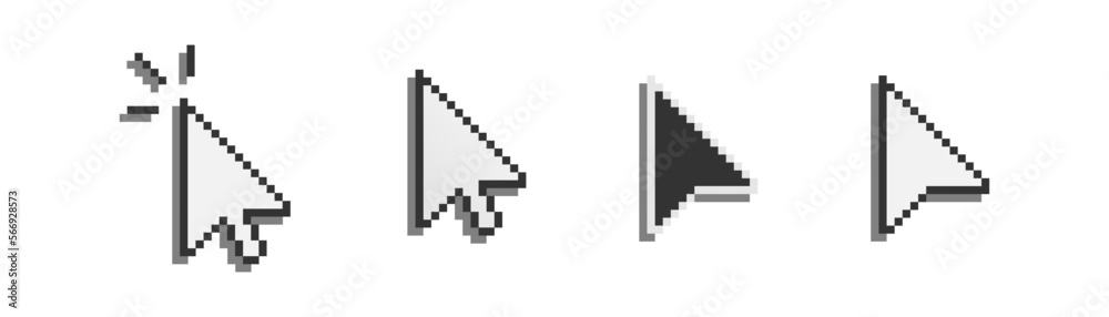 Mouse cursor icon set. Black and white pixelated arrow symbol. Clicking ...