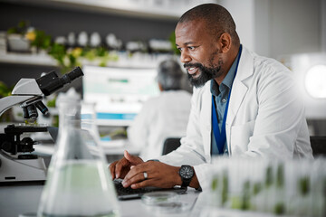 Poster - Happy biologist, laptop or laboratory scientist in plant growth analytics, gmo food engineering or medical research. Smile man, worker or employee and science technology for leaf sustainability study