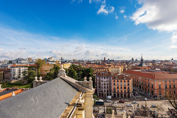 Wall Mural - Madrid cityscape from the dome of the Almudena Cathedral (Catedral de Santa Maria la Real de la Almudena) in Neo-Romanesque, neo-Gothic and neo-Classical style, 1883-1993. Spain, southern Europe. 