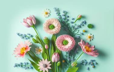 Wall Mural - bouquet of summer spring flowers on a pastel green background, generative ai