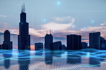 Wall Mural - Big data transmission technology and internet of things concept with blue digital wavy wires and antennas on night city skyscraper tops background, double exposure